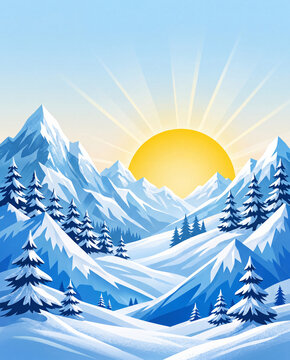 Serene winter themed illustration of snowy mountain peaks, pine trees, and a bright rising sun in a clear blue sky