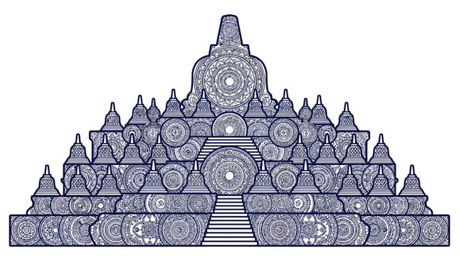 Intricate mandala-style illustration of Borobudur temple, showcasing geometric patterns and stepped stupas.