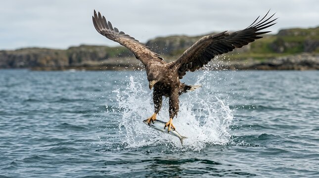 Wild Bird Catching Marine Prey from Surface Water with Water Splash in Mid Air bird prey fish water splash wild nature hunting feathers flight wings mid air catch strike wildlife outdoor action