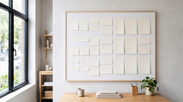 A minimalist desk with a mood board and window view
