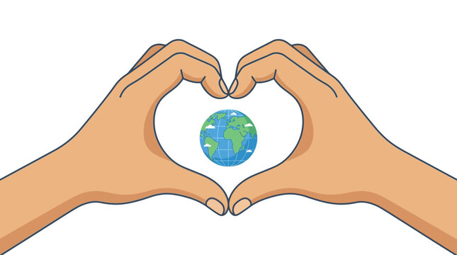 Human hands form a heart shape around a small globe representing love for the planet.