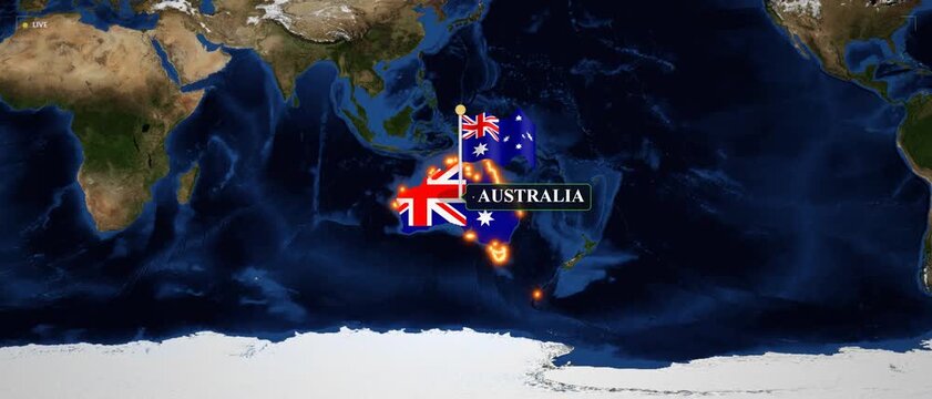 Australia map animation with glowing border and national flag icon global news and geopolitical concept