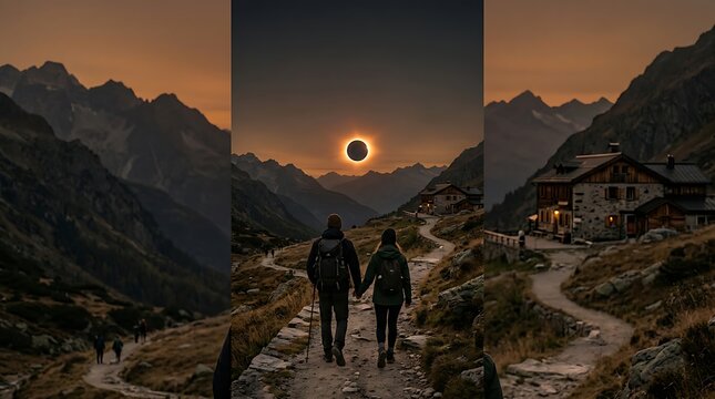 Couple hiking on mountain trail during total solar eclipse