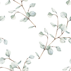 Watercolor seamless pattern with eucalyptus branches with green leaves on white background. For elegant textile and wallpaper designs, cosmetics packaging, herbal cream, stationary. © Oksana