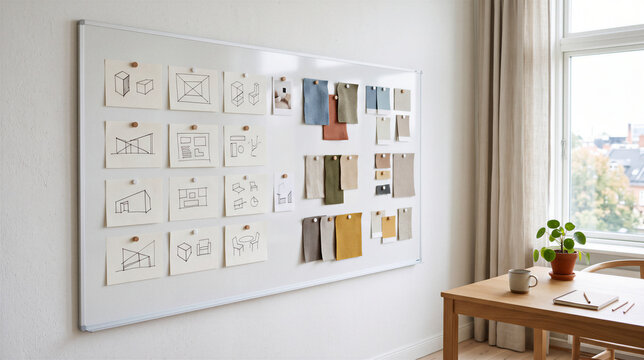 Interior design mood board with sketches and fabric swatches on a whiteboard.