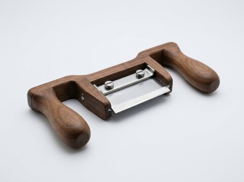 Vintage wooden leather skiving knife with double handles and a steel blade on a white background