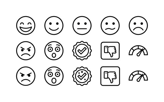 Emotion Rating Symbols, line icon set featuring happy smile, gentle smile, neutral face, uncertain face, sad face, angry face, surprised face, satisfied badge, unhappy rating and mood gauge, covering