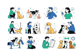 Fototapeta premium Dog Obedience School. Canine training, commands, cones, whistles, clickers, leashes, certificates, rewards, obstacle courses, treats, classrooms, schedules, and group lessons. 12 minimalist editorial