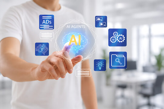 business professional with artificial intelligence agent dashboard interface and blurred white office background