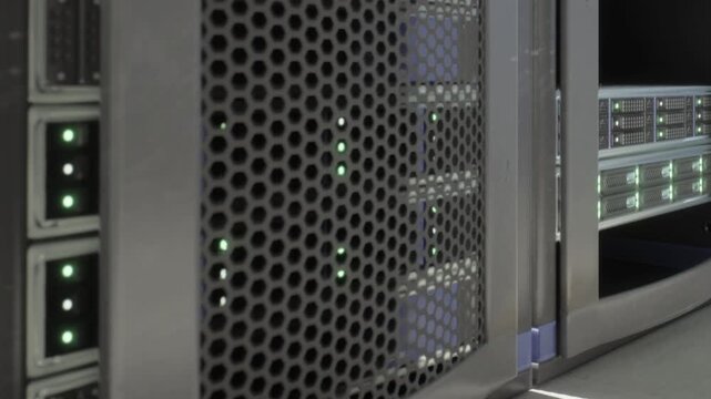 Servers are organized in a data center. The walls of the server equipment show lights indicating power status. Cables connect to the units. This is a busy technology space.