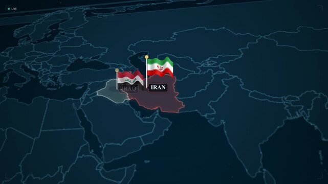 Middle east geopolitical map animation: iraq, iran, and pakistan country highlights with waving national flags for news and broadcast