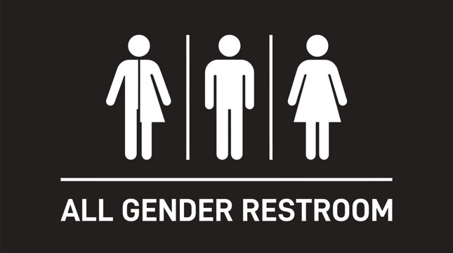 White minimalist icon symbols representing gender neutral restroom accessibility printed clearly on a dark flat professional informative public signage board