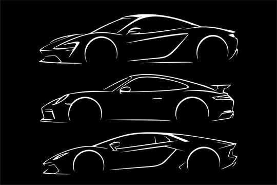 Sports cars drawn in clean white lines on a solid black background. Modern, elegant, bold, and aerodynamic design with strong contrast and plenty of negative space.