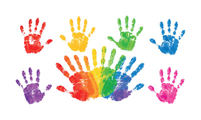 Fototapeta premium Colorful handprint set with overlapping rainbow palms and single prints