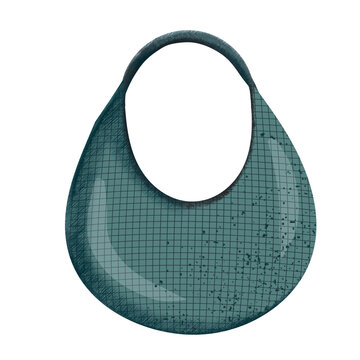 Stylized hand-drawn illustration of a modern hobo-style bag or carrying handle, colored in deep teal blue with a textured grid or mesh pattern. Isolated on a white background, suitable for fashion ico