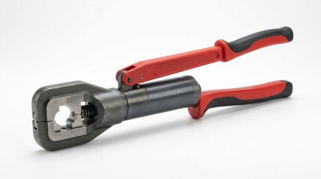 Heavy duty hydraulic crimping tool with red and black handles for electrical cable installation