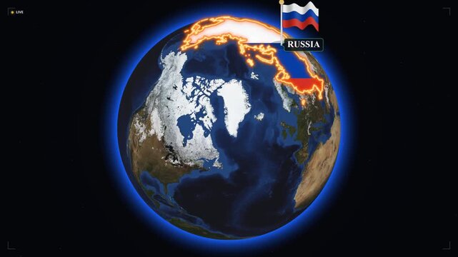 Russia country map highlight on rotating 3D globe with national flag animation for news and geopolitical presentations