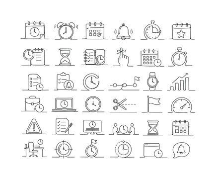 Deadline Time Management, one-line drawing set of 30 minimal continuous single-line icons in a 6x5 grid showing deadline calendar, alarm, appointment, bell, countdown, due date, event clock,