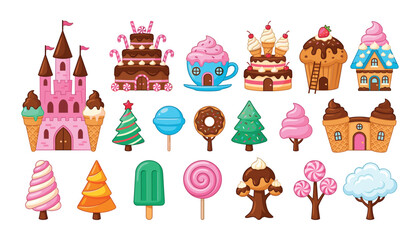 Fototapeta premium Sweet candy land vector collection with gingerbread houses cake castles ice cream trees lollipops and cupcakes for kids fantasy designs