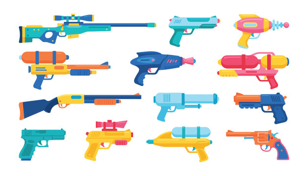 Toy water guns and blasters vector set featuring colorful plastic pistols rifles shotguns and summer swimming pool play weapons