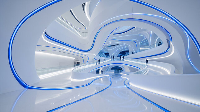 Futuristic white interior with blue neon accents and flowing architecture