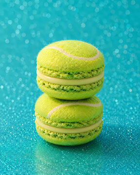 Green macarons styled like tennis balls on glitter background