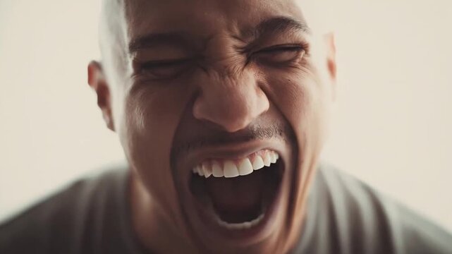 Intense close-up of man shouting with open mouth.