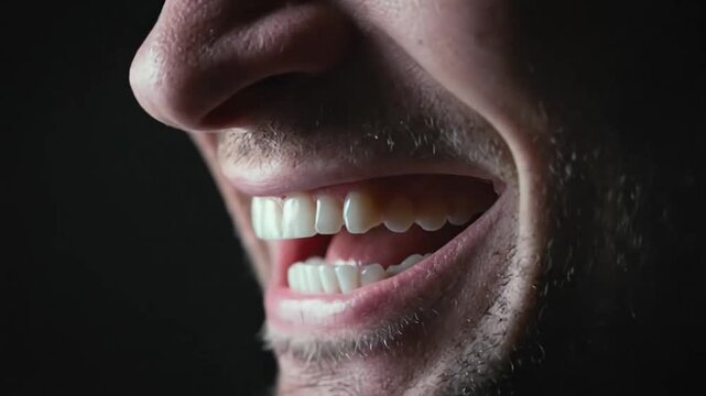 Macro view of man laughing with teeth visible