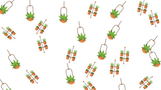 Seamless Pattern of Various Potted Houseplants and Hanging Greenery Isolated on White Background