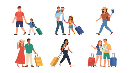 Fototapeta premium Happy people traveling with suitcases vector collection featuring families couples and tourists going on summer vacation trip isolated