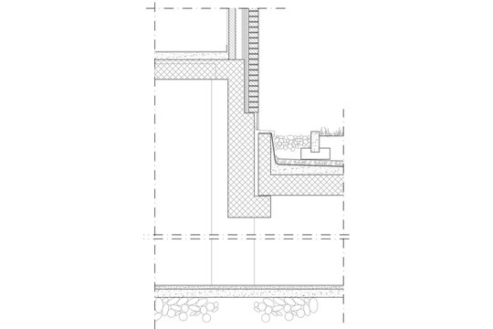 Technical CAD architectural cross-section detail showing a concrete structure with stepped foundation levels, ground hatching, and underlying aggregate layers.