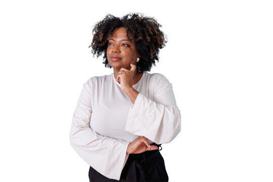 Black woman thinking and looking away, pondering new ideas, making decisions, finding solutions. Transparent background