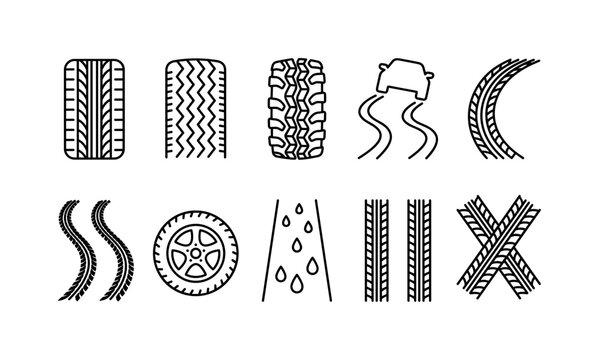 Tire Track Marks, line icon set featuring straight tread, zigzag tread, off-road tread, racing skid, curved tire mark, braking trace, wheel pattern, wet road trace, parallel tracks and crossing