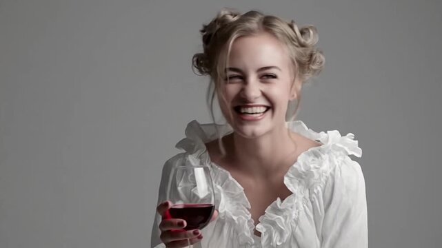 Woman laughing while holding red wine glass.