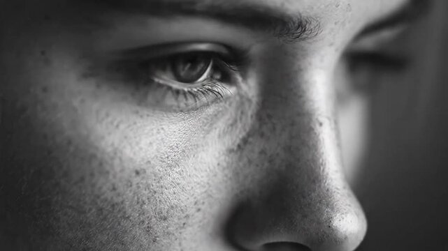 Black and white close up of freckled human face.