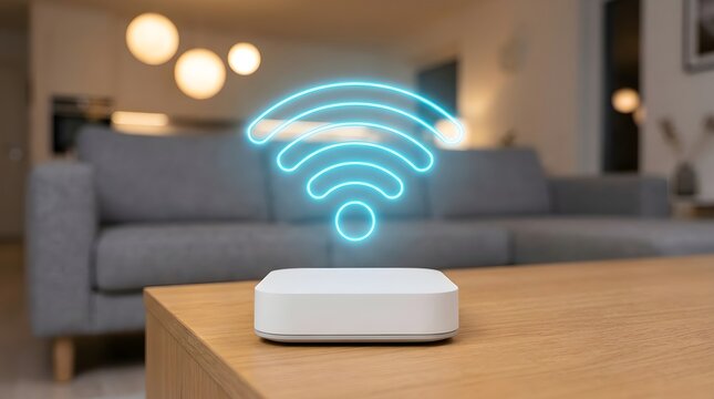 Modern router with glowing blue Wi-Fi icon on wooden table in blurred living room interior