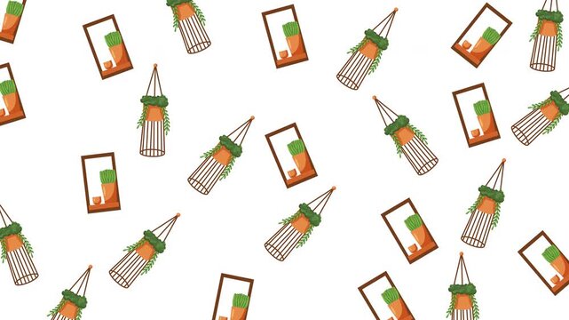 Seamless pattern featuring various potted indoor plants and hanging greenery on white background.