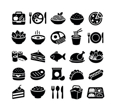 Meal Food Symbols &mdash; solid glyph icon set, 25 fully filled black glyph icons in a 5x5 grid featuring lunch, dinner, pasta, rice, pizza, salad, soup, breakfast, noodles, plate, sushi, sandwich, fish,