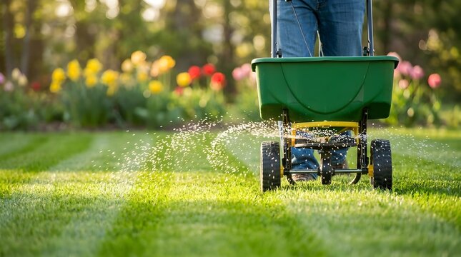 Man Pushing Fertilizer Spreader on Green Grass Lawn with Spring Flowers in Background
