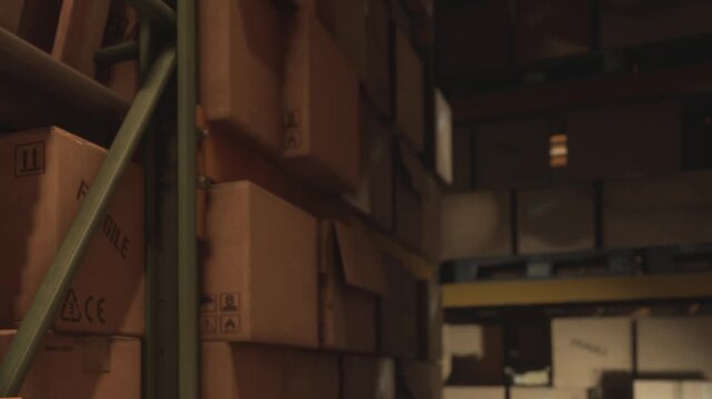 Workers are placing boxes on shelves inside a busy warehouse. The sunlight is coming through the windows, illuminating the stacks of boxes arranged in rows.