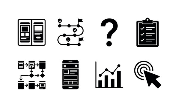 UX Testing Process, solid glyph icon set featuring AB test screens, journey map, question mark, survey clipboard, user flow diagram, mobile interface, analytics graph and click cursor, covering UX