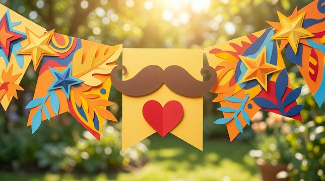 Festive parent celebration design with paper cut lettering a retro mustache and a red heart symbol on a sunny backdrop. Creative holiday template for family appreciation banners greeting cards and