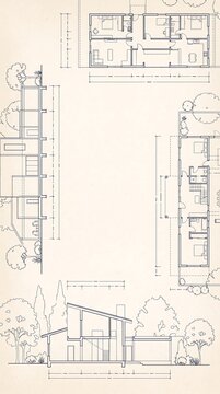 Architectural blueprint showing detailed floor plans and cross section elevation views of a modern single story residential house design