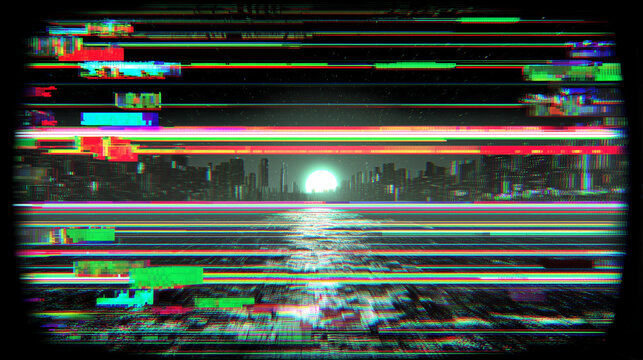 Glitch city skyline with corrupted scanlines. Distorted cityscape at sunset over water, horizontal scan line noise, datamosh bands, broken video artifacts and chromatic aberration. Retro VHS aesthetic