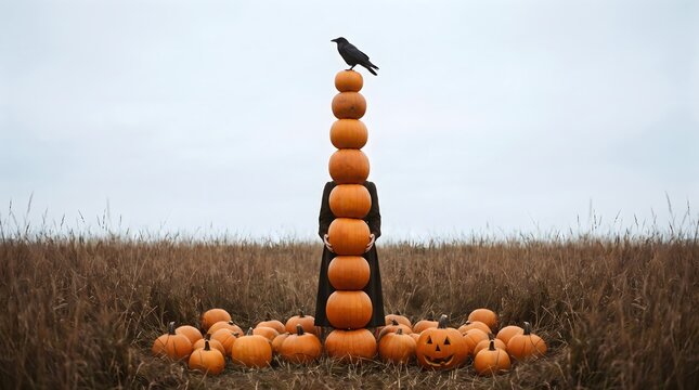 A mysterious figure stands amidst a field of pumpkins with a crow perched atop a tall, precarious stack, creating a whimsical yet eerie Halloween scene with a touch of autumnal magic
