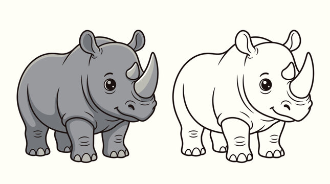 Cute cartoon rhinoceros vector illustration, featuring a friendly gray rhino and a black and white outline version for children's books