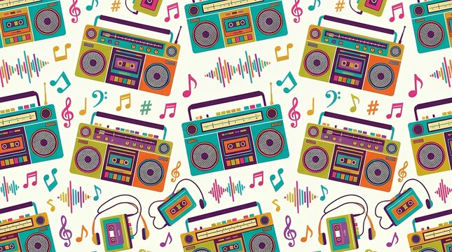 Vibrant Colorful Seamless Pattern Featuring Retro Vintage Audio Equipment Portable Cassette Tape Recorders Portable Stereos Boomboxes And Musical Notes pattern seamless retro audio cassette tape