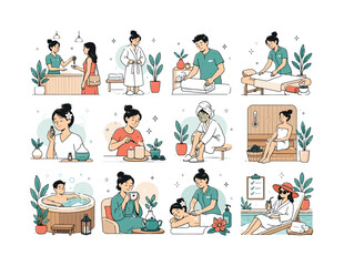 Fototapeta premium Spa Vacation Retreat. Hotel spa check-in, robes, massage, aromatherapy, skincare, sauna, hot tub, tea, and pool relaxation. 12 minimalist editorial vector scenes: guest receives a hotel key, traveler
