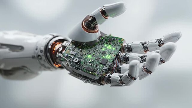 Detailed white robotic hand with exposed electronic components