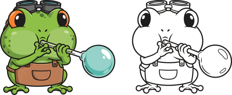 Cute cartoon frog blowing a glass bubble in a colored vector illustration and a black and white outline drawing for coloring book design